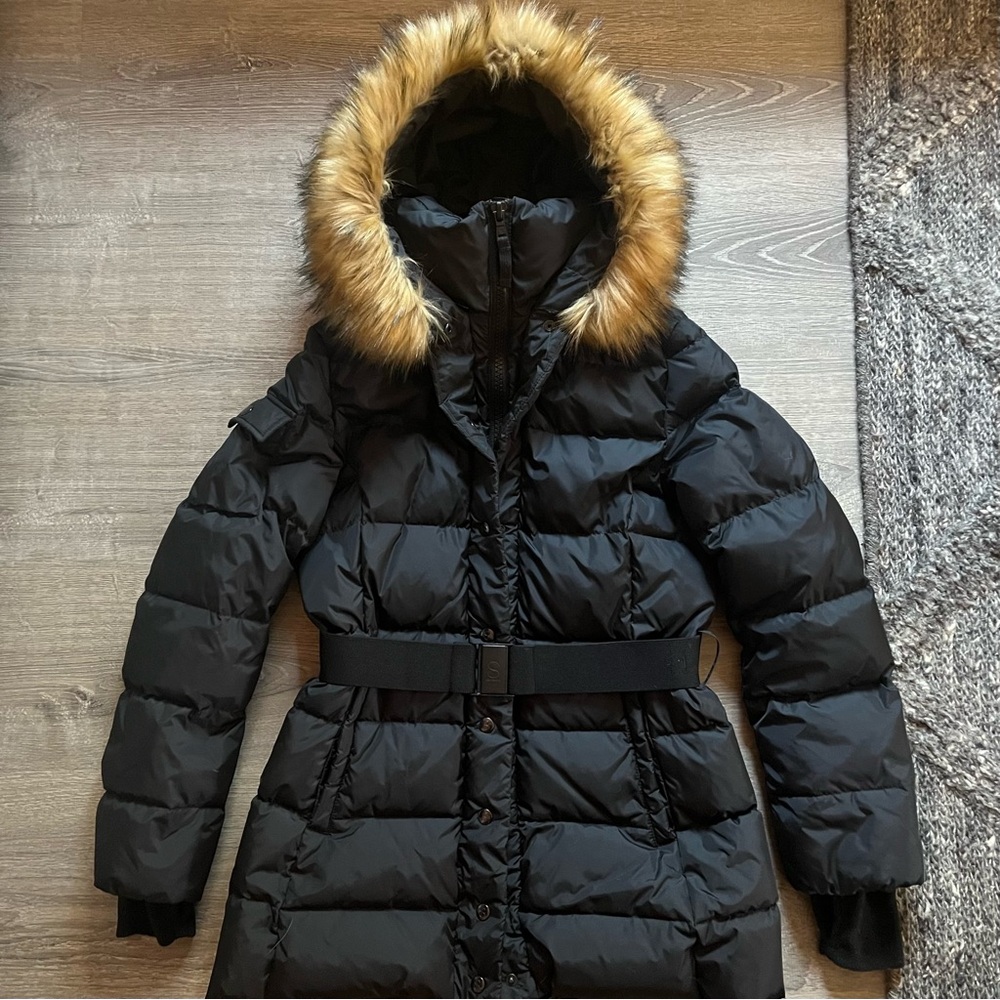 NWOT SAKS 5th-S13 New York, 3/4 Puffer Down Faux Fur Hood, Belt